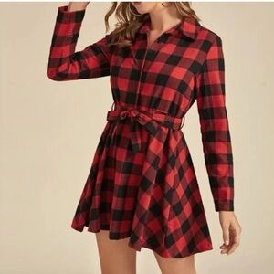 Red and Black Plaid Shirt Dress